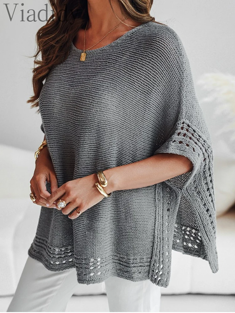 

Solid Batwing Sleeve Hollow-out Top Pullovers Casual Cover Up