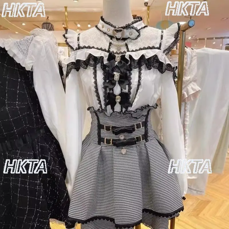 

Японский стиль: Прозрачная блузка с короткими рукавами-крылышками, открытыми плечами и бантом, комплект с клетчатой юбкой, милый женский комплект в стиле Лолита