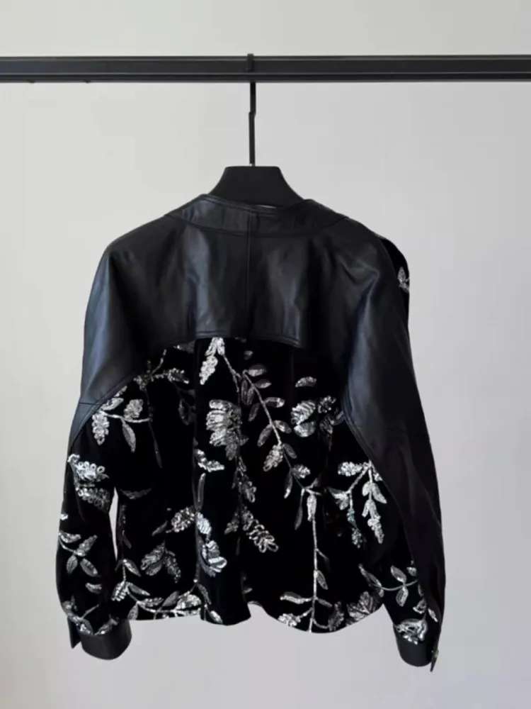 Chaqueta de cuero genuino de terciopelo con lentejuelas empalmadas para mujer, abrigo corto de manga larga con cuello en V, ropa de abrigo de un solo pecho, Vintage, Primavera, nuevo