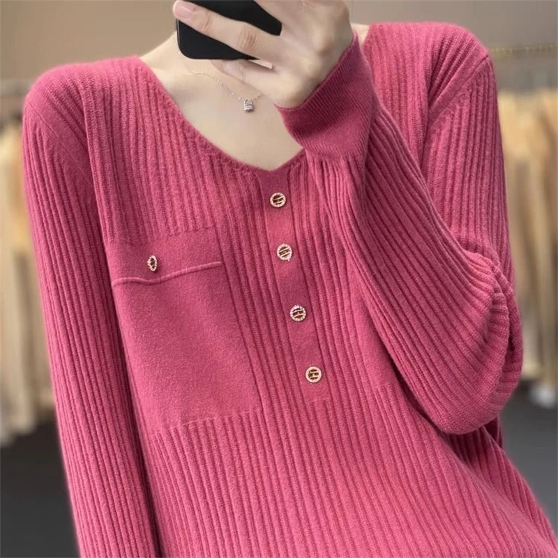 Women Clothing 2023 Korean Style V Neck Long Sleeve Chic Elegant Knitted Sweater Female Casual Solid Loose Pullover Tops Jumpers