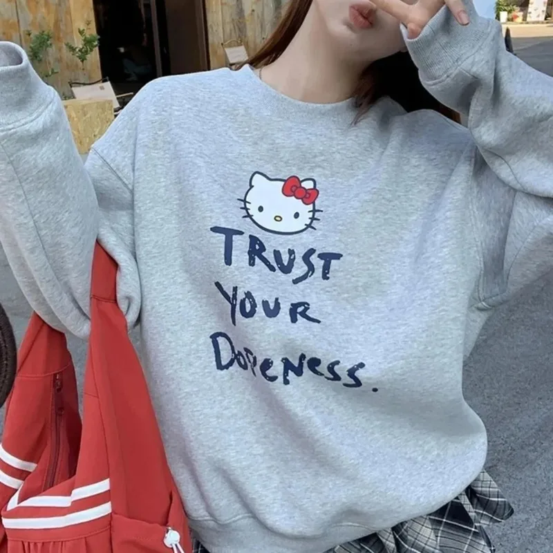 

Sanrio Hello Kitty American Letter Cartoon Print Pullover Loose Men Women Round Neck Casual Sweatshirt Korean Version Trendy Top