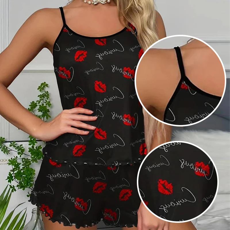 Two Piece Set of Women\'s Red Printed Pattern Round Neck Suspender Home Pajama Set Women\'s Summer Home Casual Pajama Set