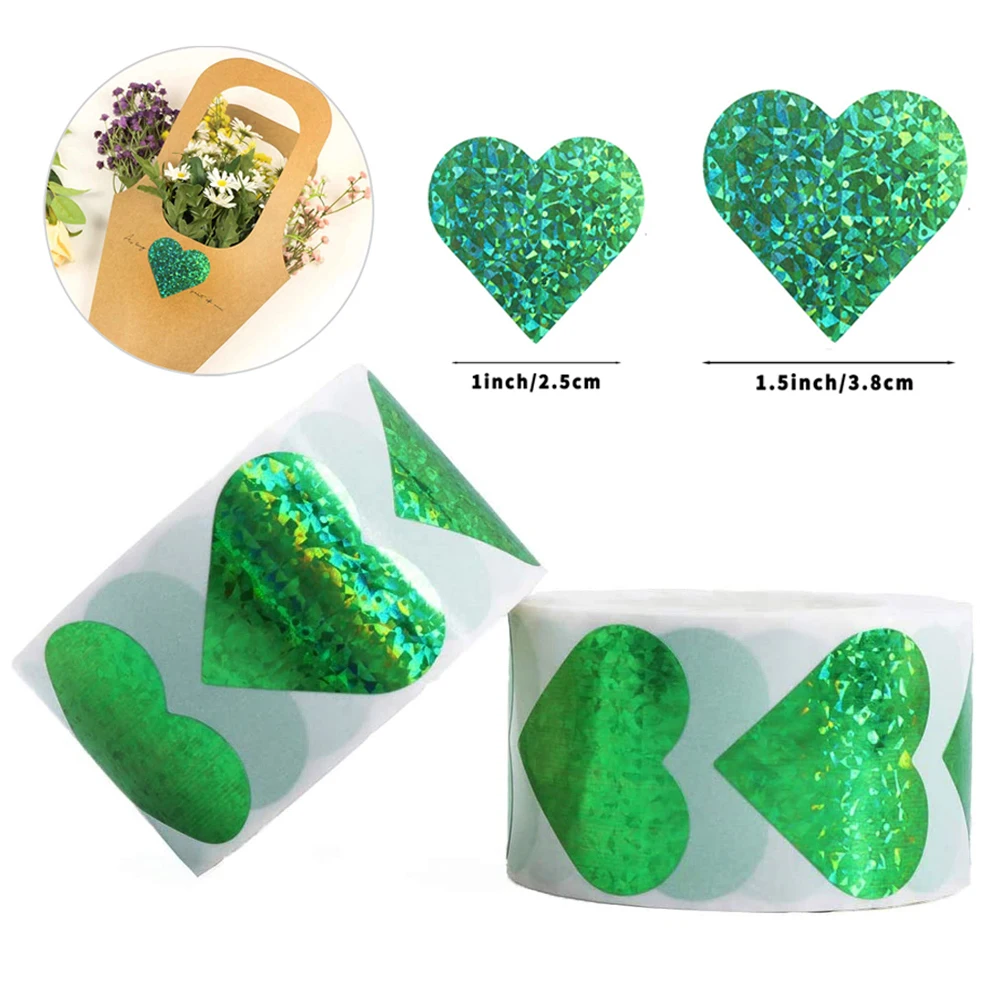 

500pcs/roll Holographic Laser Heart Stickers for Valentine's Day Green Sparkling Sealing Decor Label Wedding Party Love Sticker