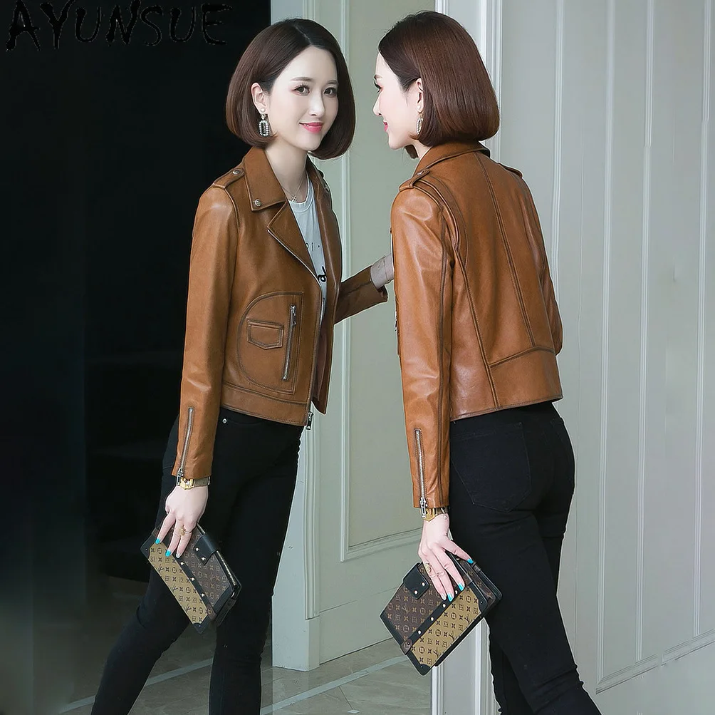 AYUNSUE Jaket Kulit Asli Kulit Domba Asli Wanita 2025 Setelan Kerah Mantel Wanita Pakaian Musim Semi Musim Gugur Baru Dalam Pakaian Luar