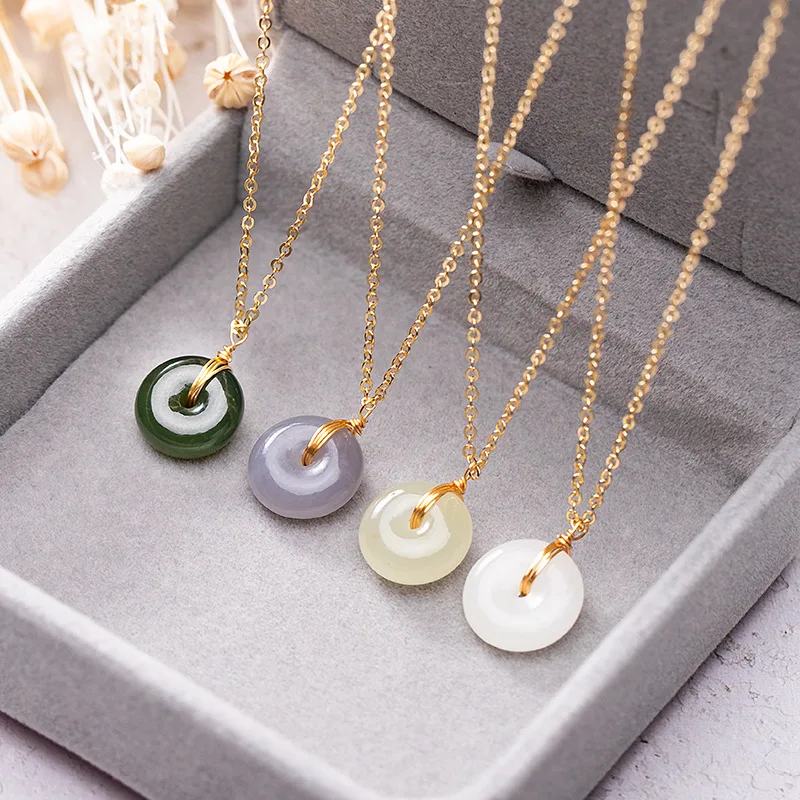 

Natural Stone Nephrite Pendant 14K Gold Filled Chain Circle Round Disk Healing Reiki Jade Stones for Women Jewelry