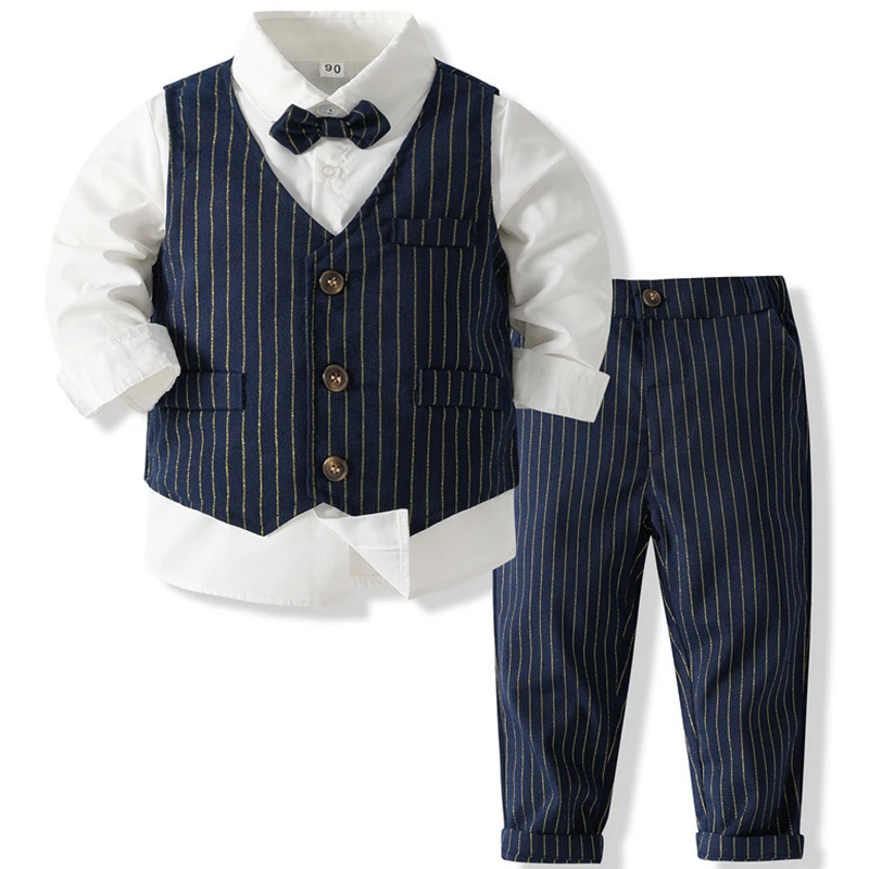 

Autumn Baby Boy Outfit Set Korean Fashion Stripe Gentleman Vest+Tops+Pants+Tie Children Boutique Clothing Birthday Outfit BC1708