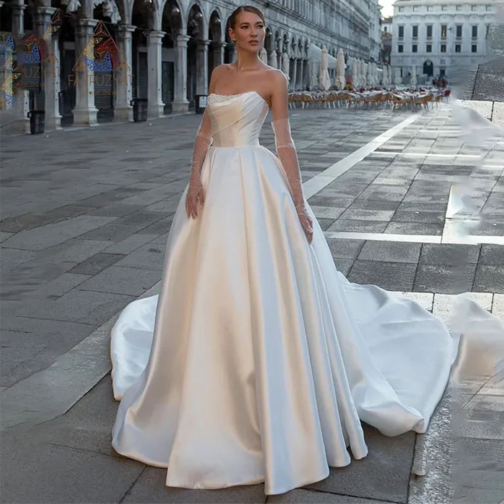 Nádherný satén moderní svatební šaty elegantní pryč bedra bez rukávů cvičit floor-length načechraný kněžna styl nevěsta gowns 2023