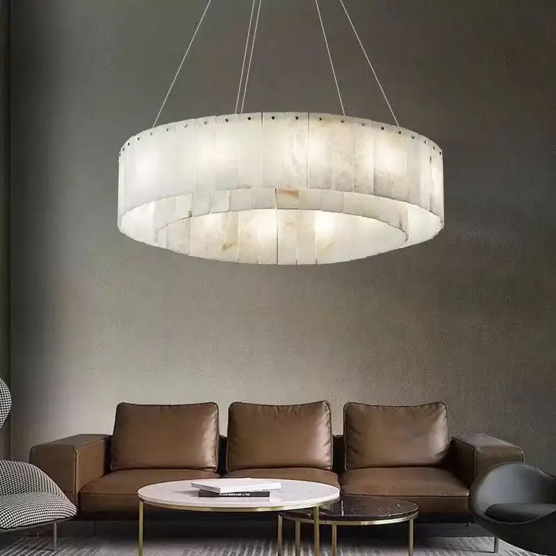 

2025 New Luxury Spanish Marble Chandelier Brass Single Double Layer Round Three Color Pendant Lamp Ceiling Light