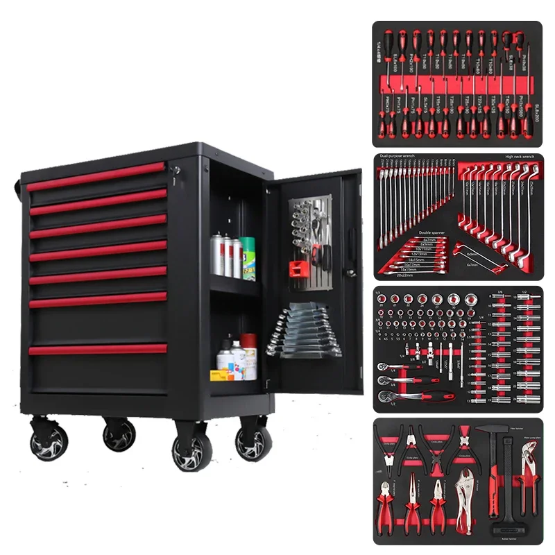 7 drawer trolleys with auto repair tools, filled in 4 EVA foam trays for auto repair garage equipment