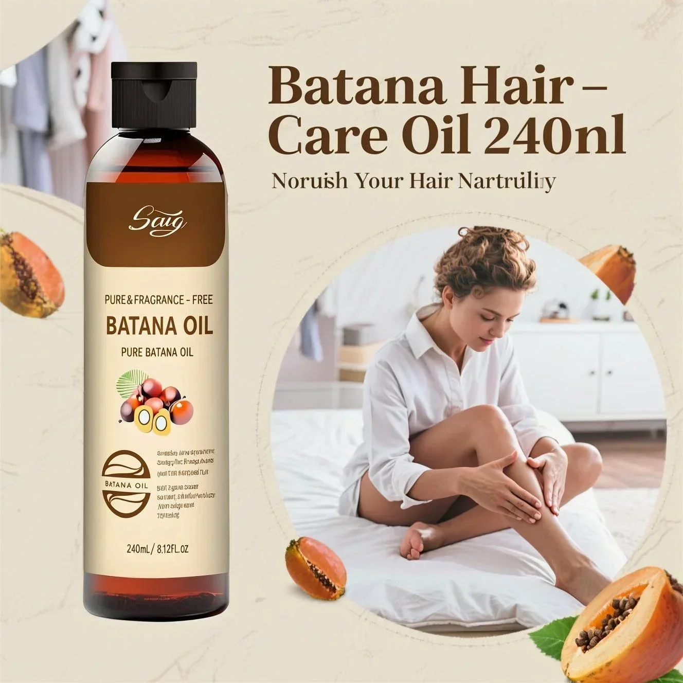 

Pure Natural Batana Oil for Hair Growth, Eyelashes & Skin Care - 240ml Cold-Pressed Treatment for Dry Hair Repair