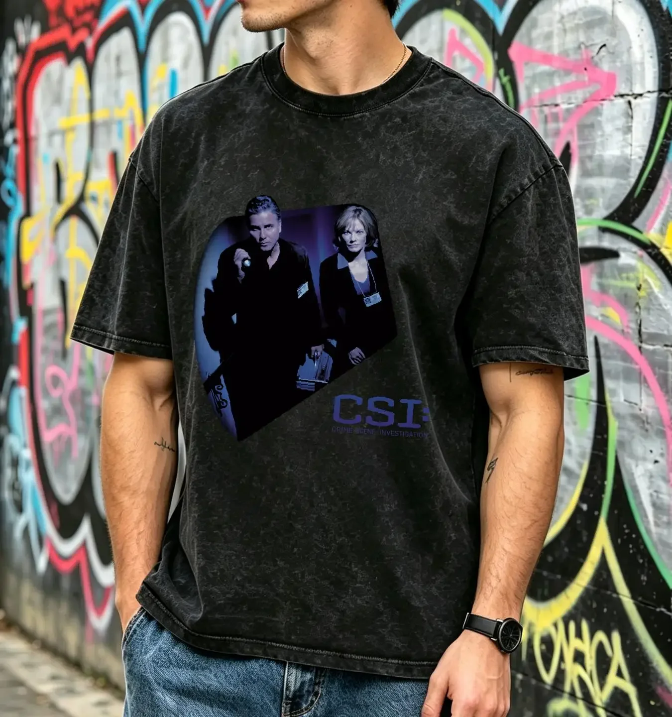 washed T Shirt CSI At The Scene Men's Heather vintage Washed Versatile homme Stretched Top For Everyday Wear streetwear