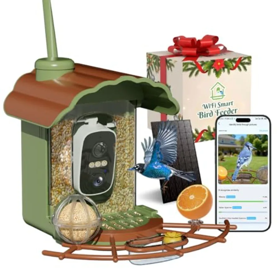 

Outdoor hummingbird feeder with solar-powered camera 2K HD video AI species ID arrival alerts black finish weatherproof ABS pla