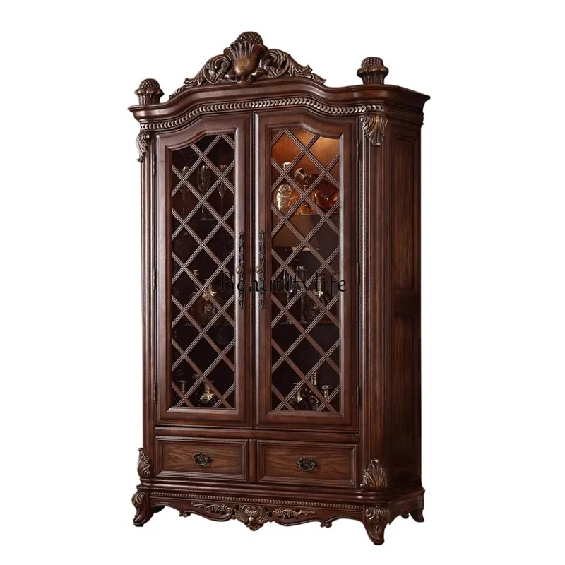 

European pure solid wood two-door wine cabinet storage display, wall storage carved cabinet