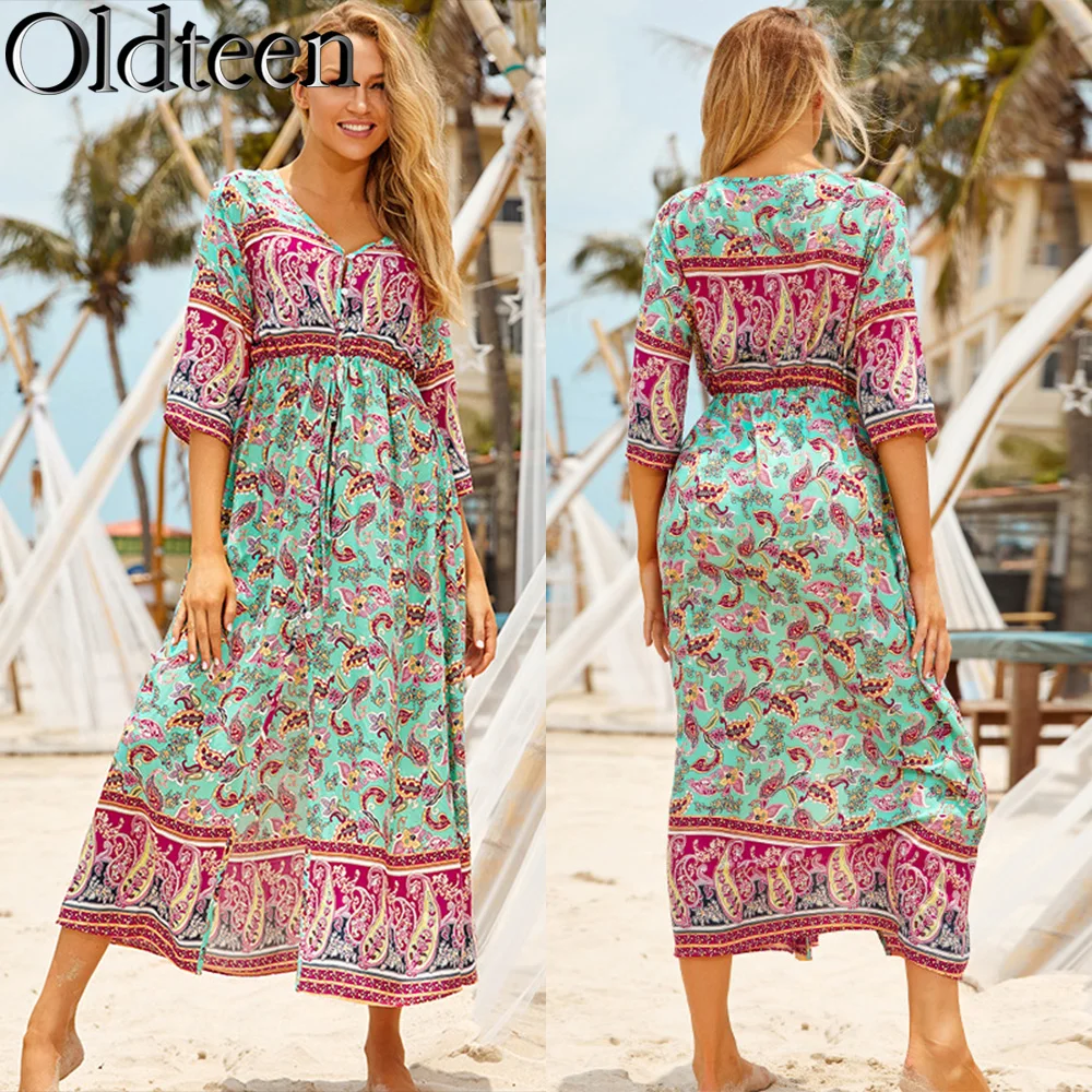 

New Button Positioning Floral Long Dress Seaside Vacation Gown V-neck Loose Fitting Casual Dress Bohemian Swimsuit Cover Up