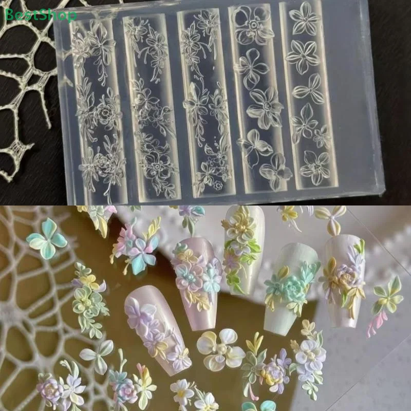 Molde de arte de unha com relevo de flor mavera3d, molde de estampagem de arte de unha de silicone estêncil de escultura de manicure