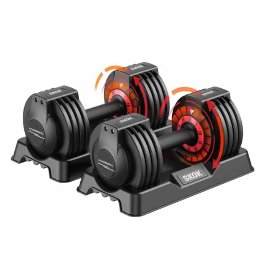 

SKOK Adjustable Dumbbells Set 55LB Black Dumbbell with Tray for Full Body Workout Fitness Anti-Slip Fast Adjust by Turning Hand