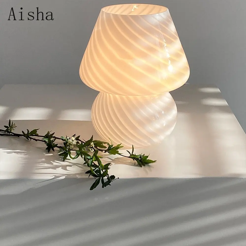 Korea Ins Style Striped Mushroom Table Lamp  Murano Style Striped Glass Lamp, Study, Bedside Living Room  Lamp for Bedroom