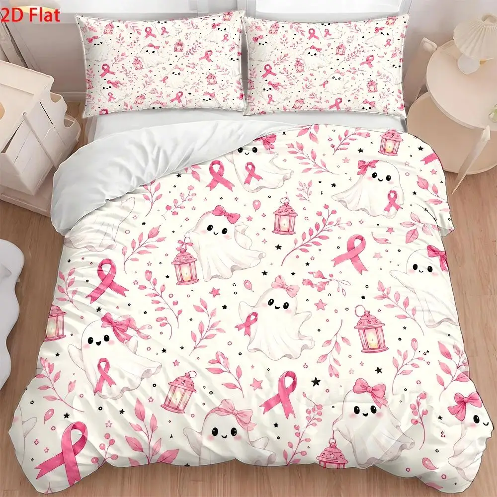 Pink Cute Ghost and Ribbon Theme Three-Piece Bedding Set, Pink Halloween Decoration, 2D Flat Printed Duvet Cover Set, Quilt Cover Bedding, Machine Washable, Invisible Zipper, Large Duvet Cover Set, Bedding Set, Quilt Cover