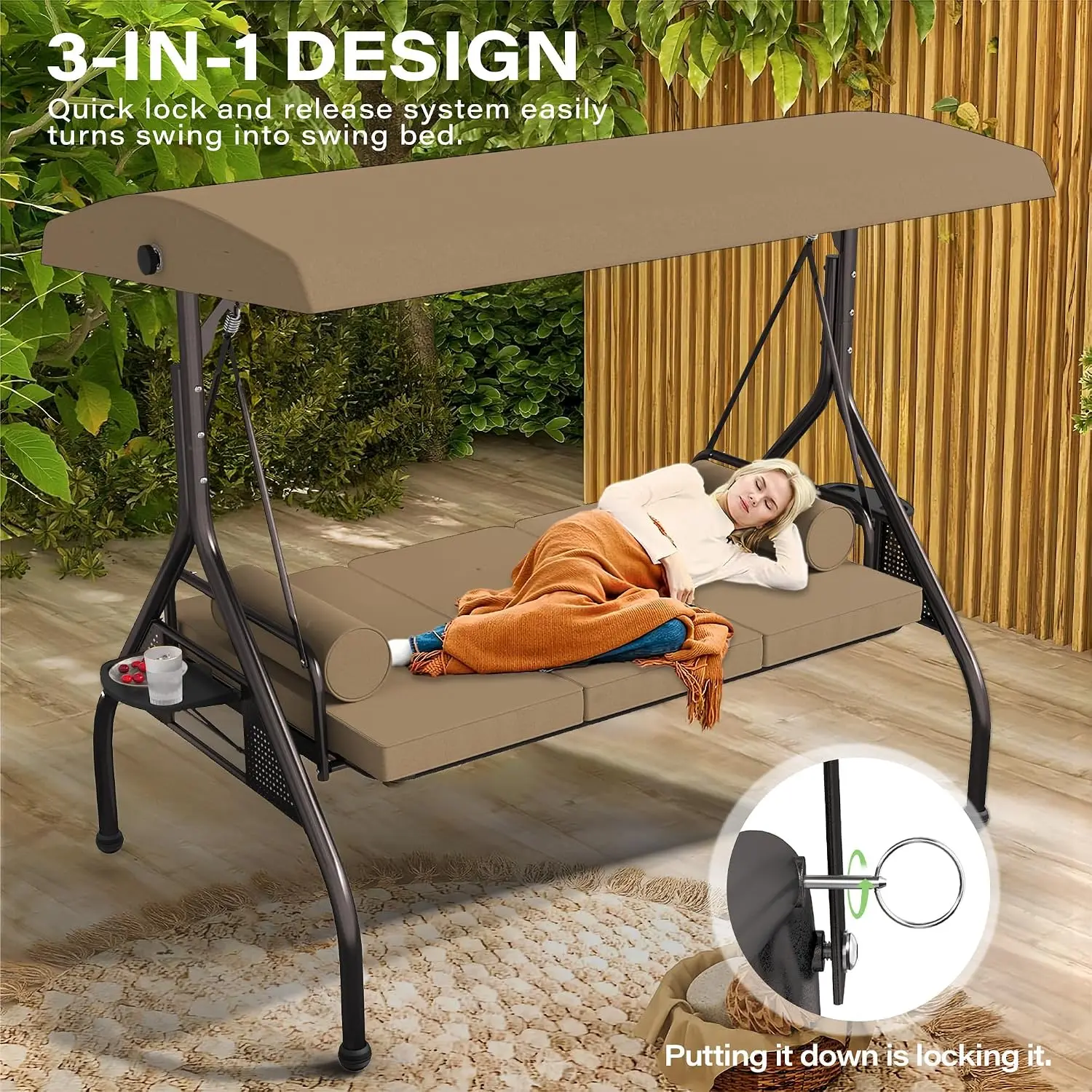 Outdoor 3 in 1 Porch Swing Chair, 3 Seat Patio Swing Glider with Adjustable Canopy, Heavy Duty Swings, Customized