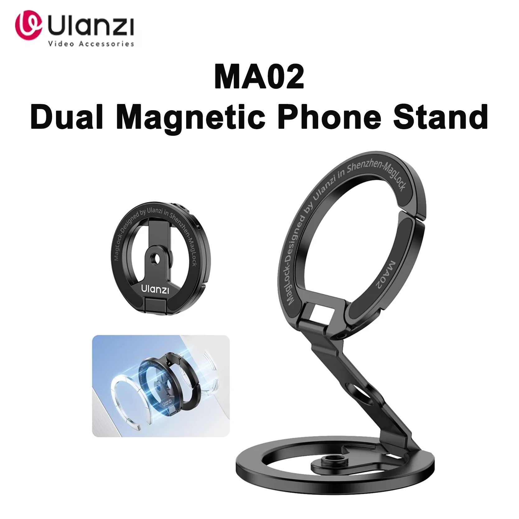 حامل هاتف مغناطيسي مزدوج أصلي Ulanzi MA02 MagLock قابل للطي لصالة الألعاب الرياضية والثلاجة ومدونات الفيديو والهاتف الذكي لقطة البث المباشر