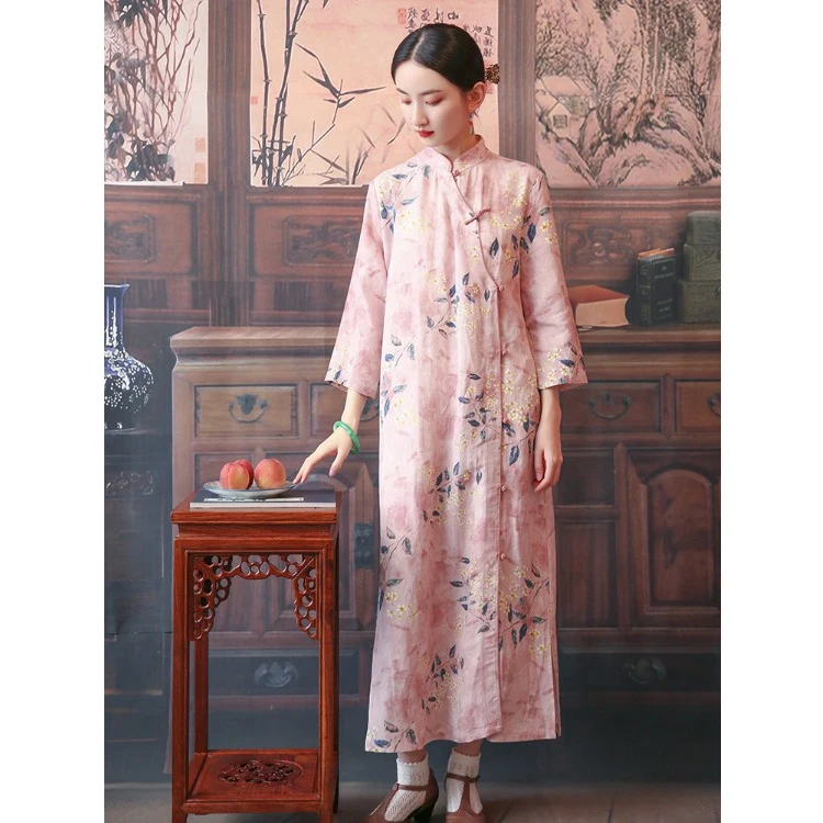 

Ципао Dr из хлопка и льна с эффектом похудения, большие размеры, женские ранние осенние национальные брюки с боковым разрезом и низким разрезом, длинные Dr