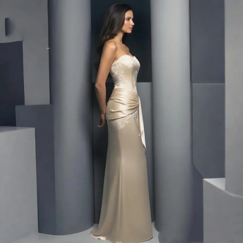 فستان سهرة نسائي من الساتان الشامبانيا أنيق طويل للحفلات مطوي فستان ضيوف الزفاف Vestdos De Fiesta لوصيفة العروس حسب الطلب