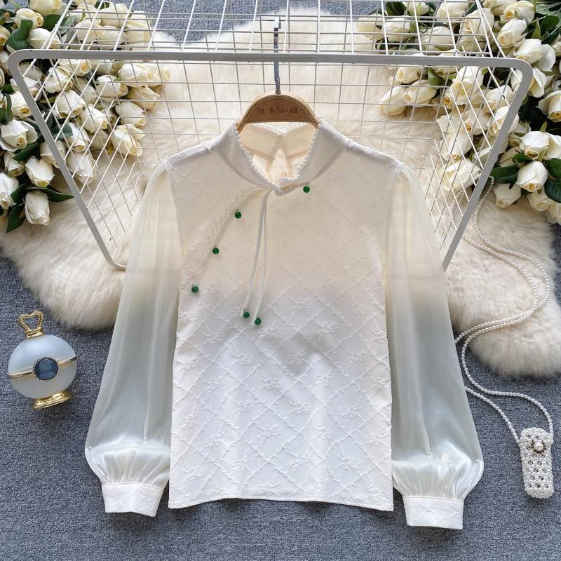 

Новая рубашка в китайском стиле в стиле ретро, женская весенне-осенняя жаккардовая рубашка с дисковыми пуговицами, сетчатый дизайн, легкий роскошный женский топ