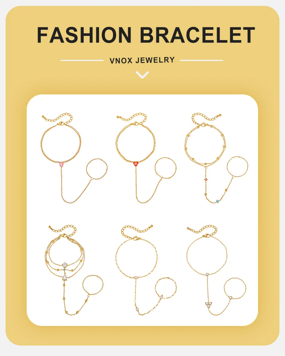 Vnox Elegantes Herz-Blumen-Zirkon-Armband mit Fingerring für Damen, Vergoldet mit Rosa CZ Tropfenförmigem Mehrschichtigem Ring-Armband, Party-Schmuck – Detail 1