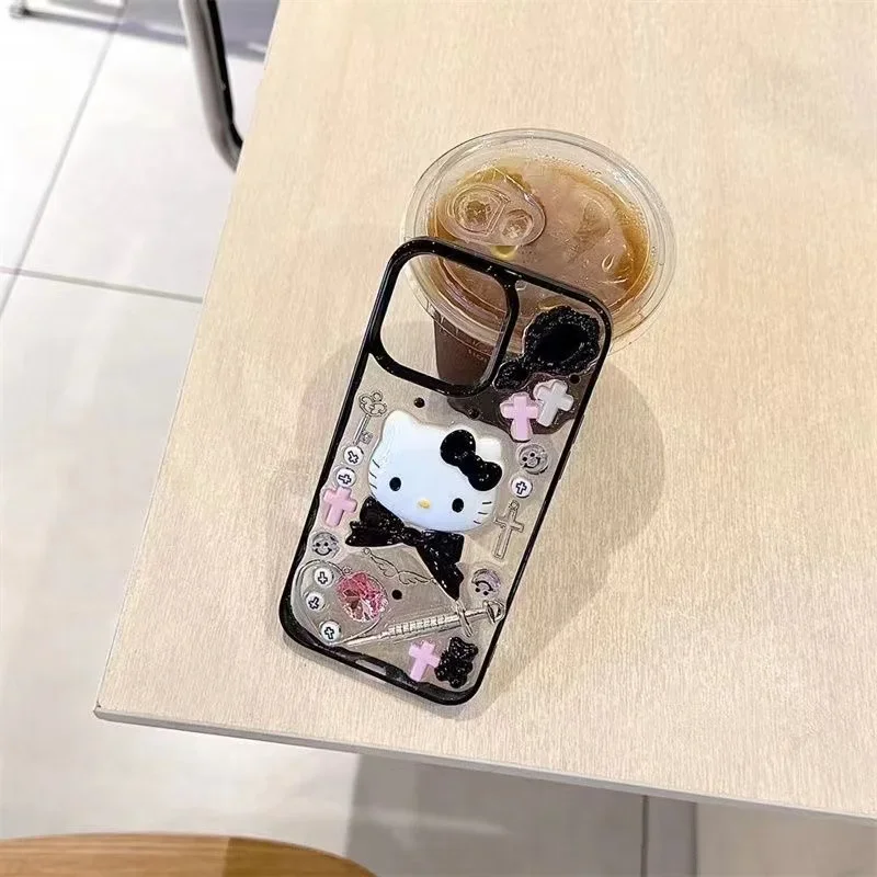 حافظة هاتف هالو كيتي ثلاثية الأبعاد مصنوعة يدويًا، مناسبة لهاتف آيفون 12/13/14/15promax 15/14/13/12pro