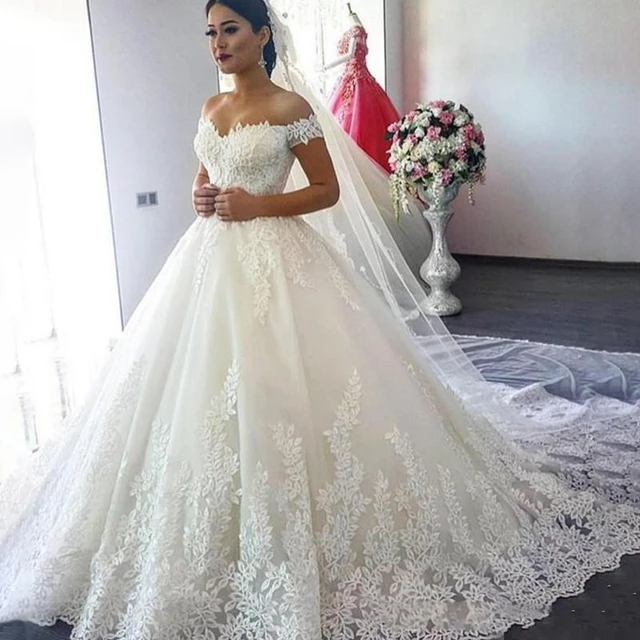 Darla prenses topu cuppe eklinde gelinlik kapal kad nlar icin omuz tam dantel gelin elbiseler beyaz Vestidos De Robe Robe De Mariee AliExpress