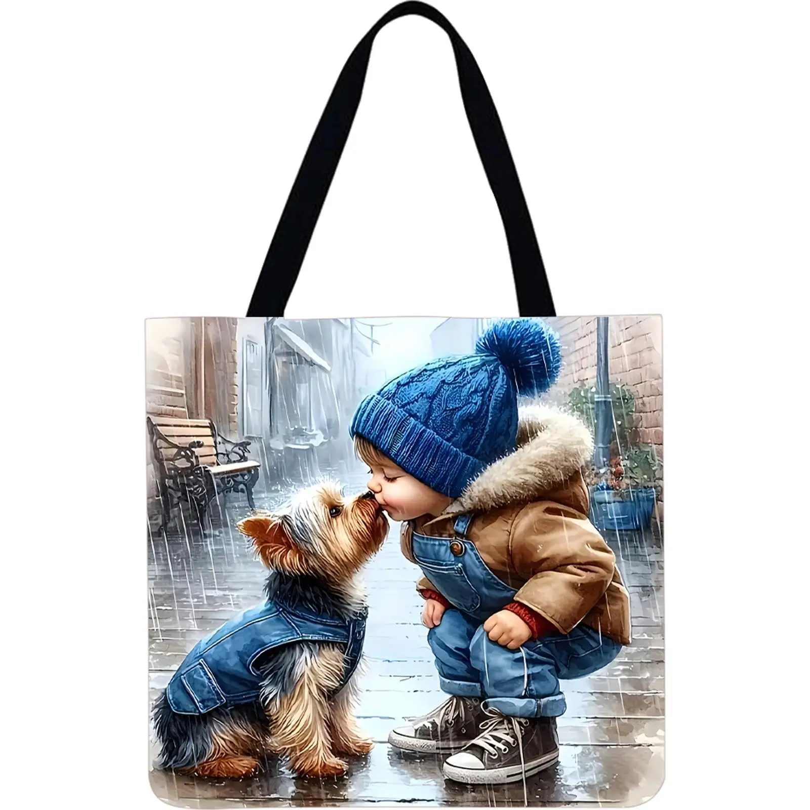 

4pcs Girl and Dog Linen Tote Bag Handbag Large Women Shopping Shoulder Bags