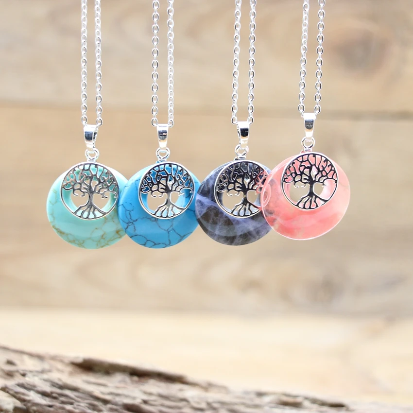 

Natural Stone Tree of Life Pendants,Healing Reiki Crystal Amethysts Quartz Gems Shell Peace Buckle Necklace Boho Jewelry,QC3239