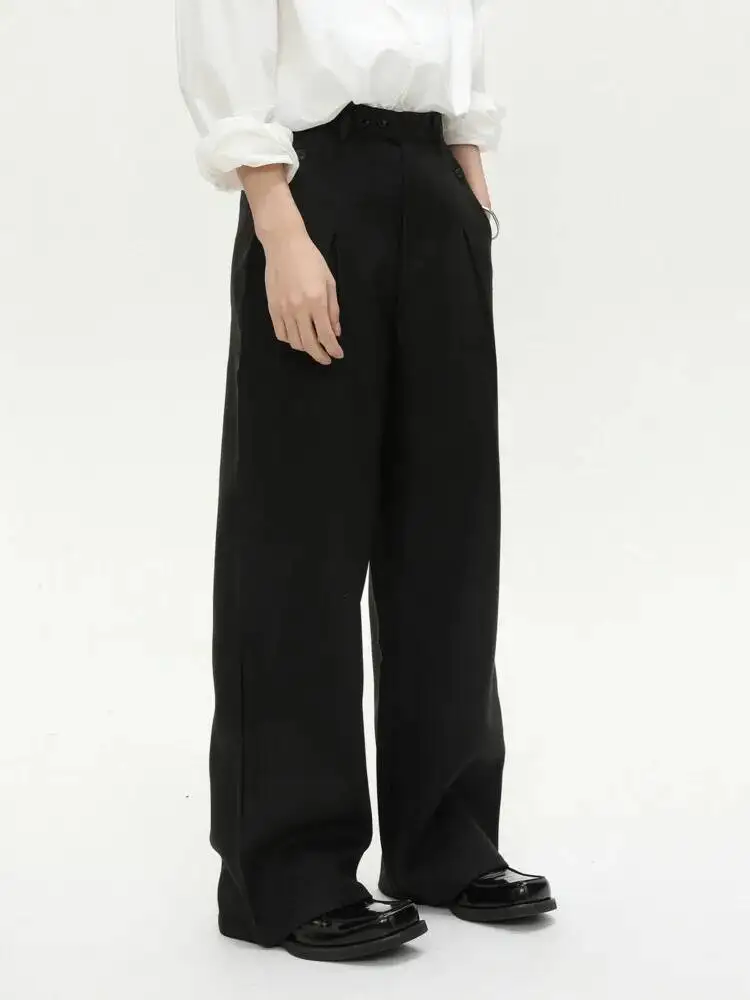 

Korean Style Men Suit Pants Solid Color Pleated Design Casual Trousers Wide Leg Button Decoration Male Simple Bottom