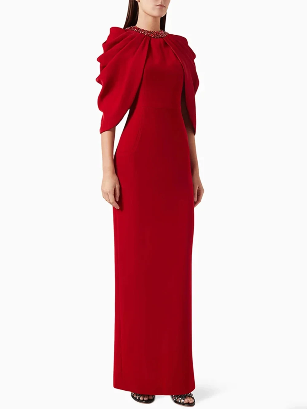 

Modphy Women'S Formal Dinner Party Evening Gowns Elegant Red Diamond Shawl Sleeve Design Long Slim Fit Dress