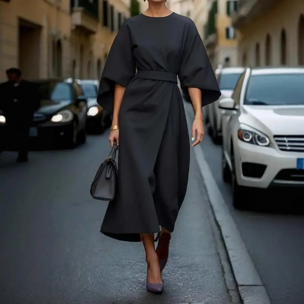 Damenkleid, elegantes Midikleid mit drei Viertelärmeln und schmalem, hohem Bund und Rundhalsausschnitt für Sommer, Frühling, Abschlussball, Party, Verabredungen