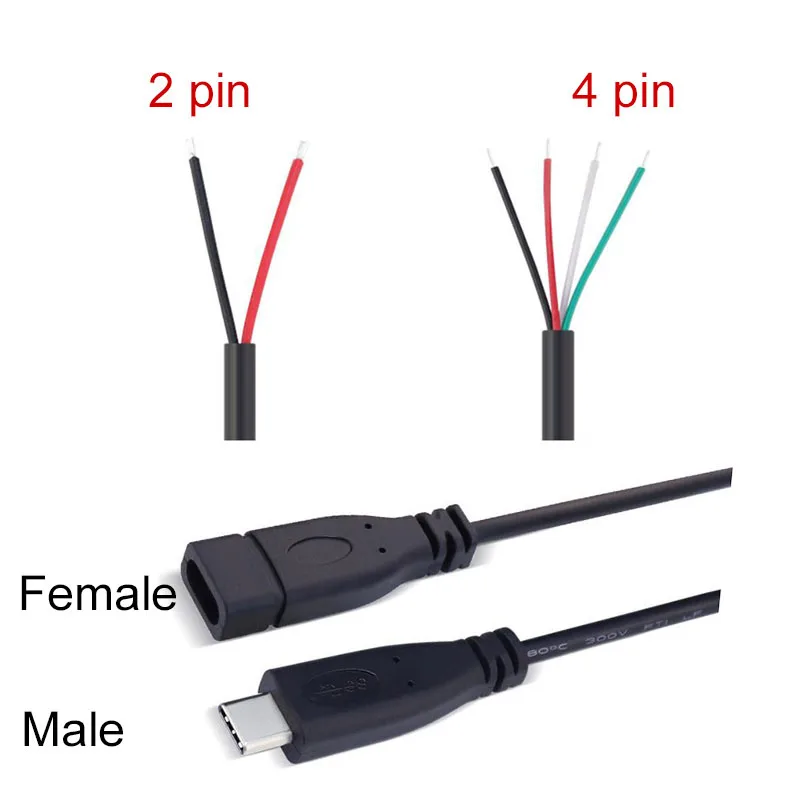 2pin 4pin wire USB 2.0 Type C Male female Plug extension Welding Type USB-C DIY Repair Cable Charger Connector for Huawei Xiaomi