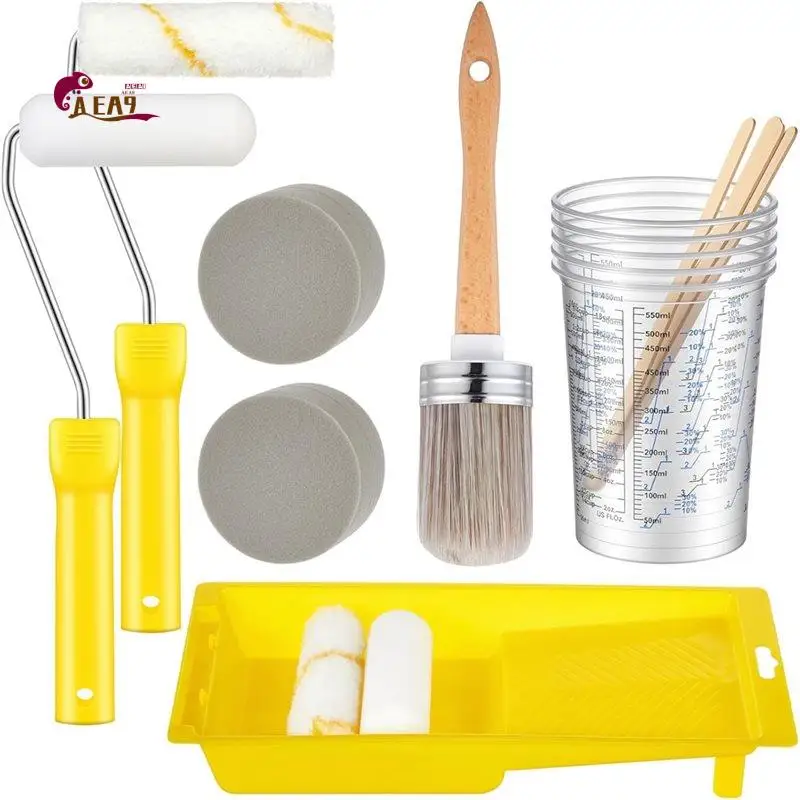 AEA9-18 Pieces Paint Brush And Roller Set,Painting Supplies For Cabinet Furniture,With Sponge,Tray Liner,Cup And Mixing Stick