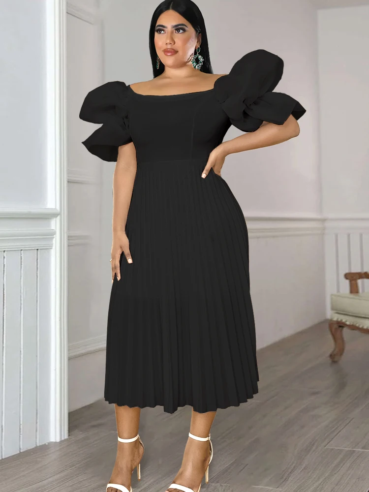 

AOMEI Pelated Midi Dresses Black Big Size Off Shoulder Puff Sleeve A Line Evening Birthday Party Event Outfits 4XL for Women