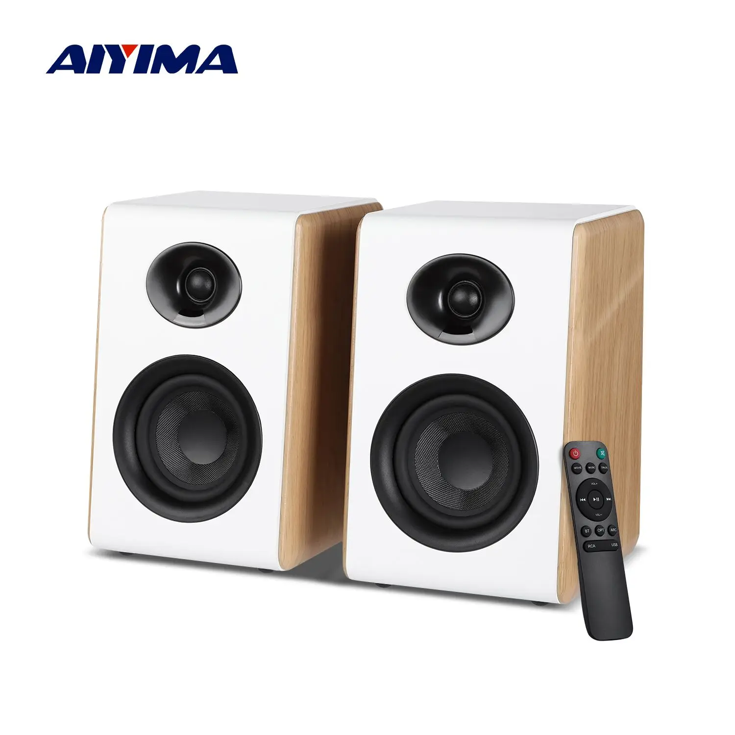 AIYIMA S600 Bluetooth Bookshelf Speaker Active Home Audio 50WX2 HiFi Output Subwoofer White Wood ARC/USB/RCA Inputs 24bit 48Khz