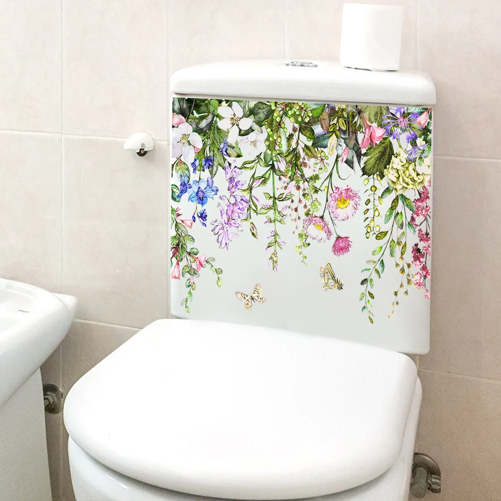 Plants Flowers Butterflies Wall Sticker Toilet Decor Decals Room Cabinet Home Decoration Bathroom Beautify Self-adhesive Mural