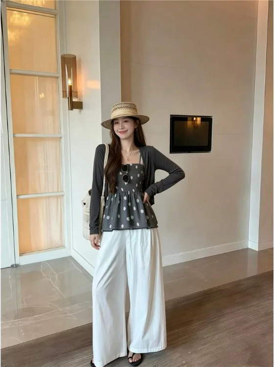 

Korean Style Polka Dot Floral Print Halterneck Three Piece Set Women's Fashionable Summer Sun Protection Wide Leg Pants