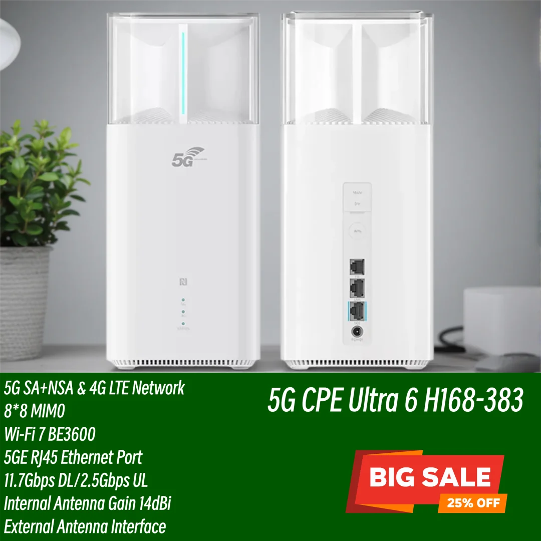 Brovi 5G CPE Ultra 6 H168-383 WiFi 7 BE3600 Router 5GE Port Dual Bands 11.7Gbps 5G NR 4G LTE Sim Card Wireless Modem 8x8 MIMO