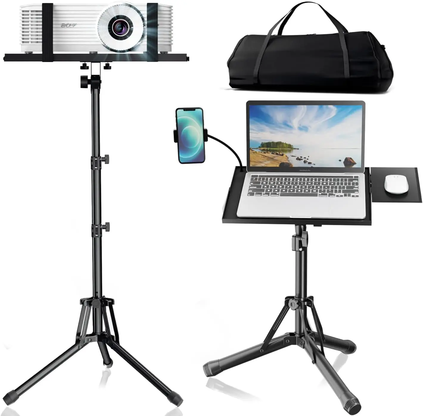 

Adjustable Projector Stand with Phone Holder & Mouse Tray - Portable Tripod 20-60 Inch for Studio DJ