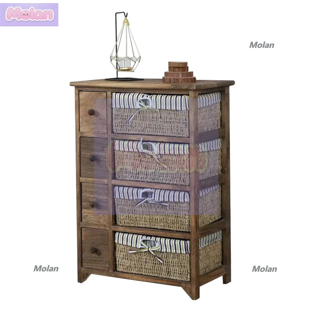 

American pastoral style solid wood rattan bedside table retro old storage storage small cabinet simple bedroom corner cabinet