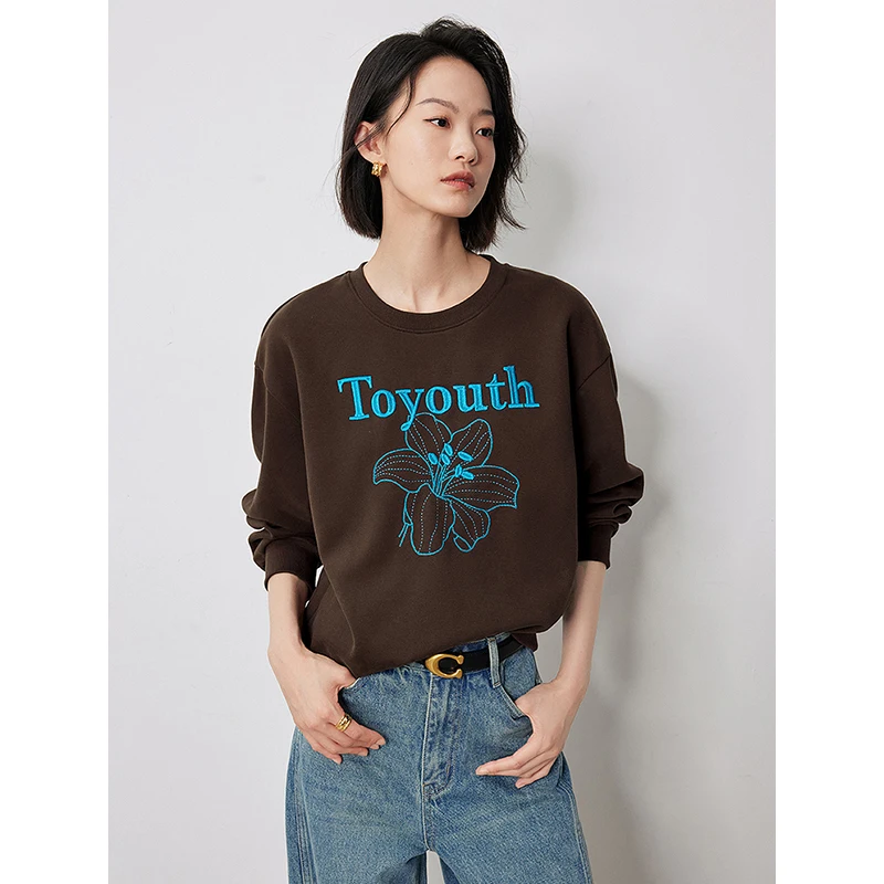 Toyouth Women Sweatshirt 2024 Autumn Long Sleeve O Neck Loose Hoodie Letter Flower Embroidery Casual Comfort Five Colors Tops