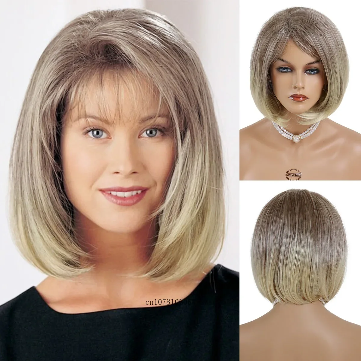 Synthetic Brown Mixed Blonde Wig for Women Natural Short Bob Wig with Side Bangs Natural Haircut Daily Mother Cosplay Halloween