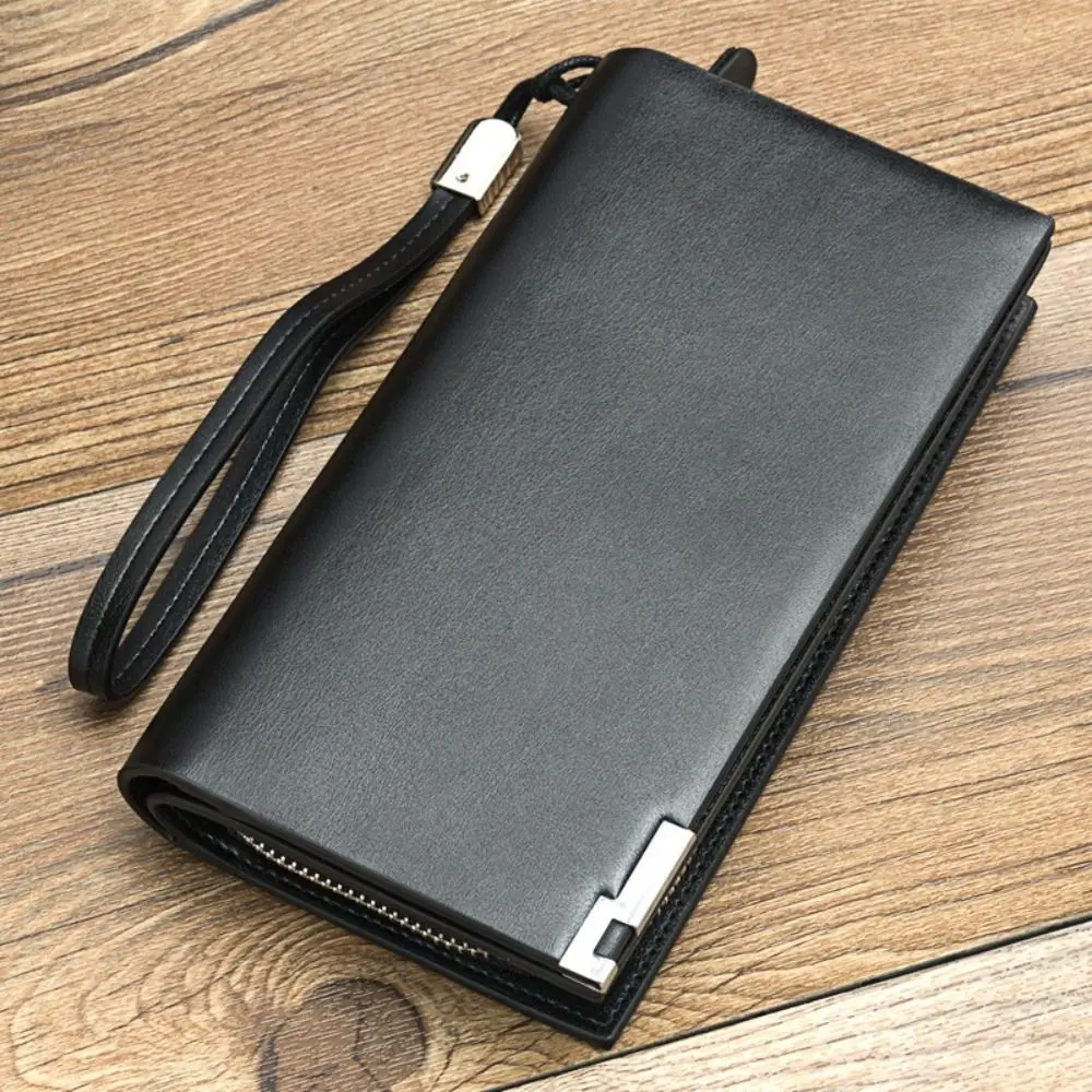 Casual PU Long Men Wallets Large Capacity Multi-function Card Holder with Zipper Solid Color Male Purse