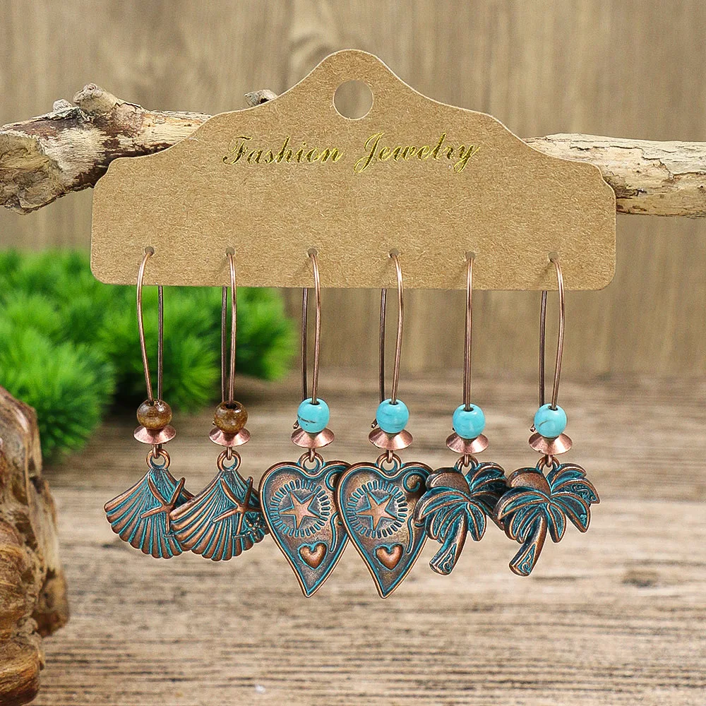 Ethnic Bronze Hollow Dream Catcher Tassel Earrings Set for Women Vintage Blue Turquoises Flower Geometric Earrings Jewelry Sets