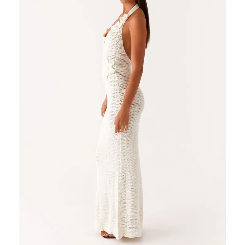 Combhasaki Women Lace-up Halter Round Neck Sleeveless 3D Flower Decor Knit Hollow Out Bodycon Backless Straight Tank Long Dress