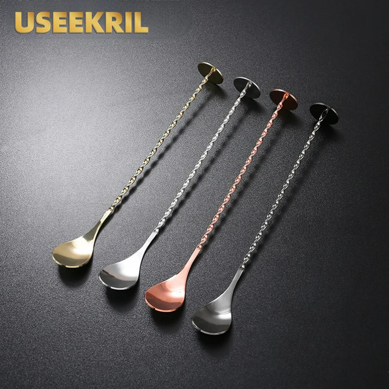 26cm Twisted Mixing Spoon Spiral Shape With piston Stainless Steel Durable Double Head Bar Appliances Cocktail Spoon